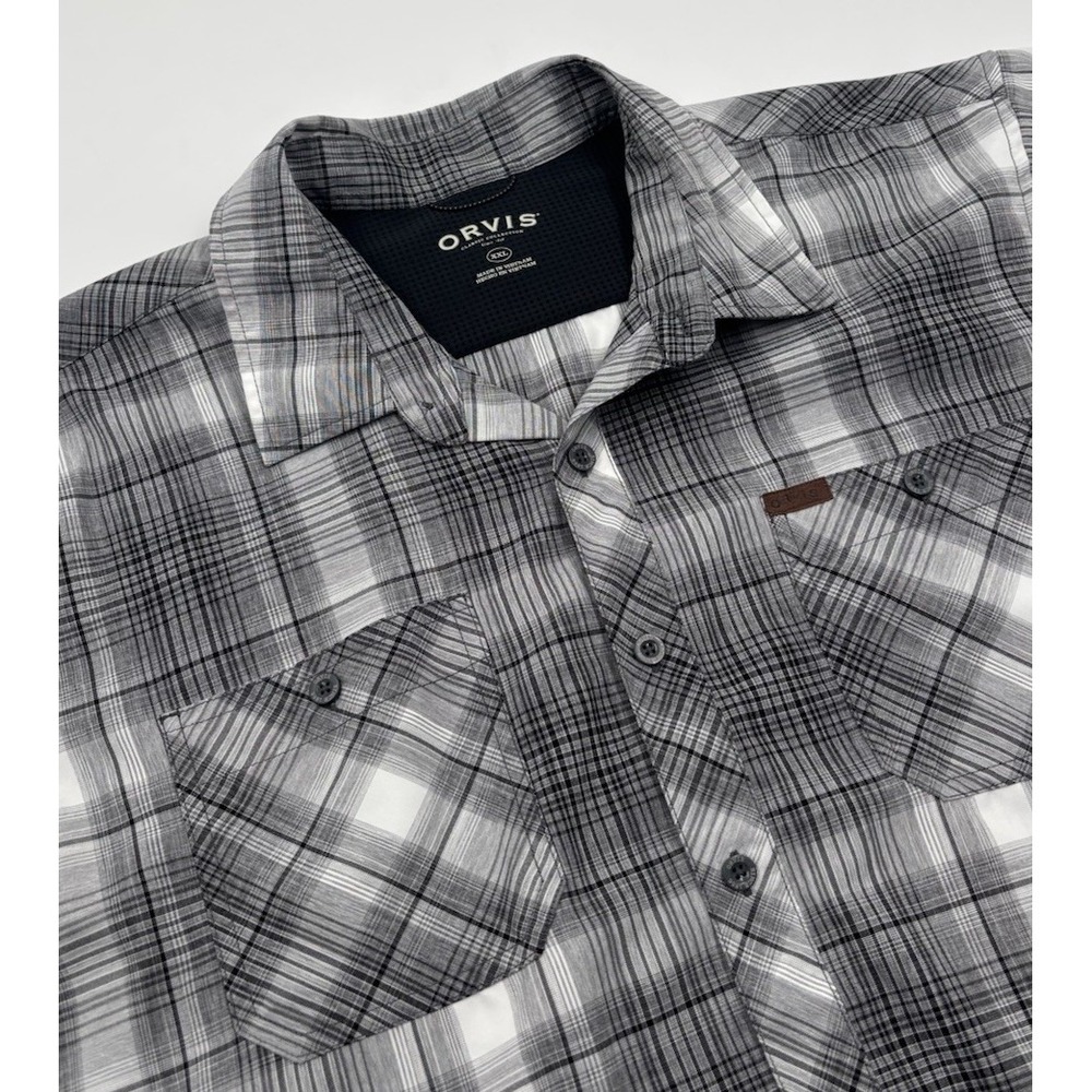 Orvis Men's XXL Black Plaid Polyester Active Short Sleeve Button Down‎ Shirt